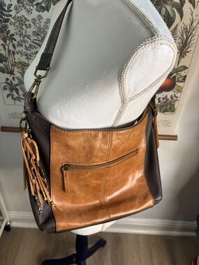The Sak Two-Tone Leather Shoulder Bag in Cognac and Dark Brown